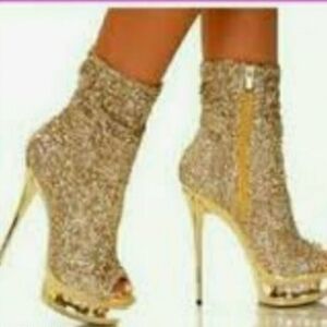 New Diamond-31 Women's Size 8 Glitter Gold & Rhinestone Open Toe 6" Heel Boots